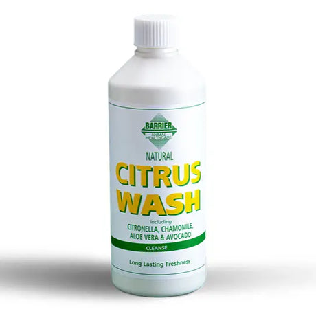 White plastic bottle of barrier citrus wash with green yellow label listing pure concentrated citronella and aloe vera ingredients