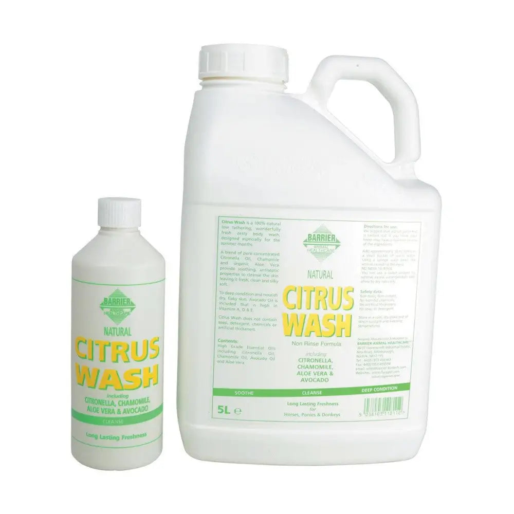 White plastic bottle of barrier citrus wash with green yellow label featuring pure concentrated citronella oil and aloe vera