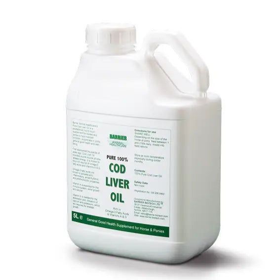 White plastic jug with handle and screw-on cap labeled pure 100% cod liver oil by barrier animal healthcare’s barrier cod liver oil round liquid supplement