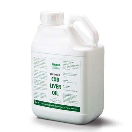 White plastic jug with handle and screw-on cap labeled pure 100% cod liver oil by barrier animal healthcare’s barrier cod liver oil round liquid supplement