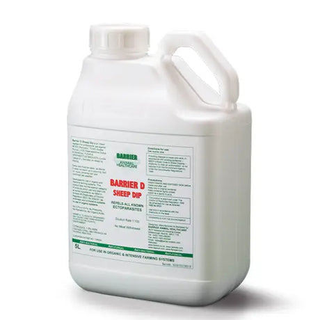 White plastic jug with handle and cap labeled barrier d sheep dip for organic farming systems sheep dip use