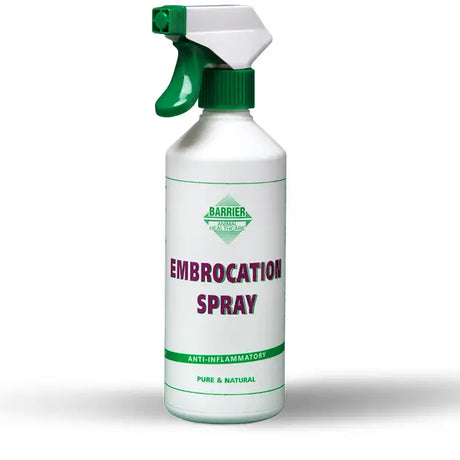 White plastic barrier embrocation spray bottle with green trigger and purple label for skin protection use