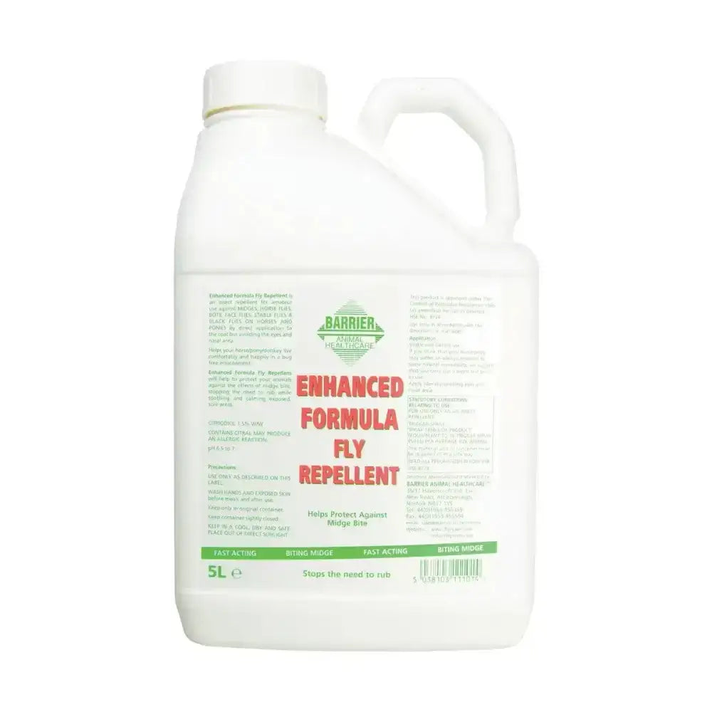 White plastic jug with handle labeled barrier enhanced formula enhanced formula fly repellent by barrier garden healthcare