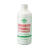 White plastic bottle of barrier enhanced formula fly repellent with red and green labeling non-sting formulation