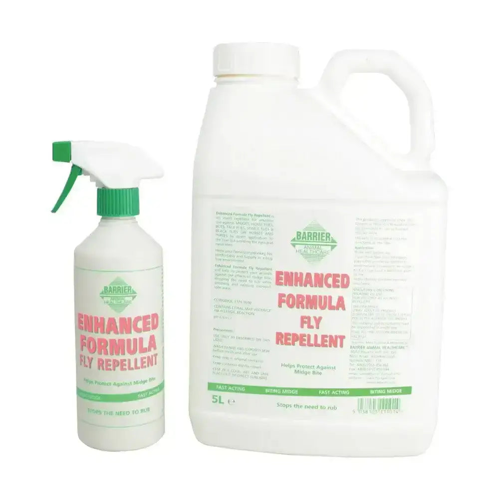 White plastic spray bottle with green trigger labeled barrier enhanced formula fly repellent with non-sting formulation