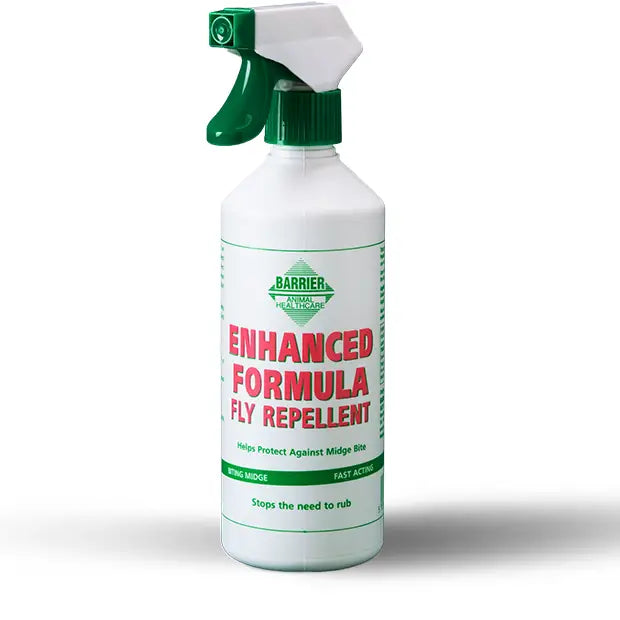 White plastic spray bottle with green trigger labeled barrier enhanced formula fly repellent with non-sting formulation