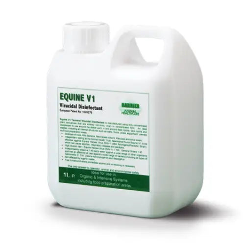 White plastic jug of marler barrier equine v1 virucidal disinfectant with green and white label non-toxic formula