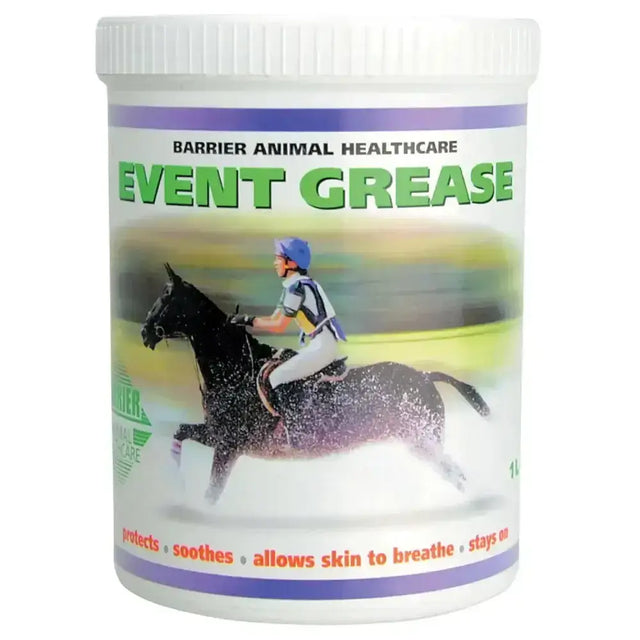 White plastic container of barrier event grease with purple and green label showing jockey on black horse for horse care
