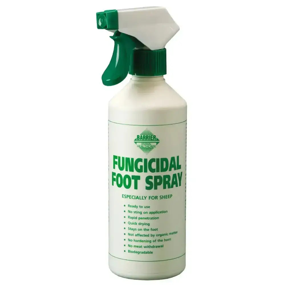 White plastic fungicidal foot spray bottle with green trigger cap by barrier for intensive sheep foot care
