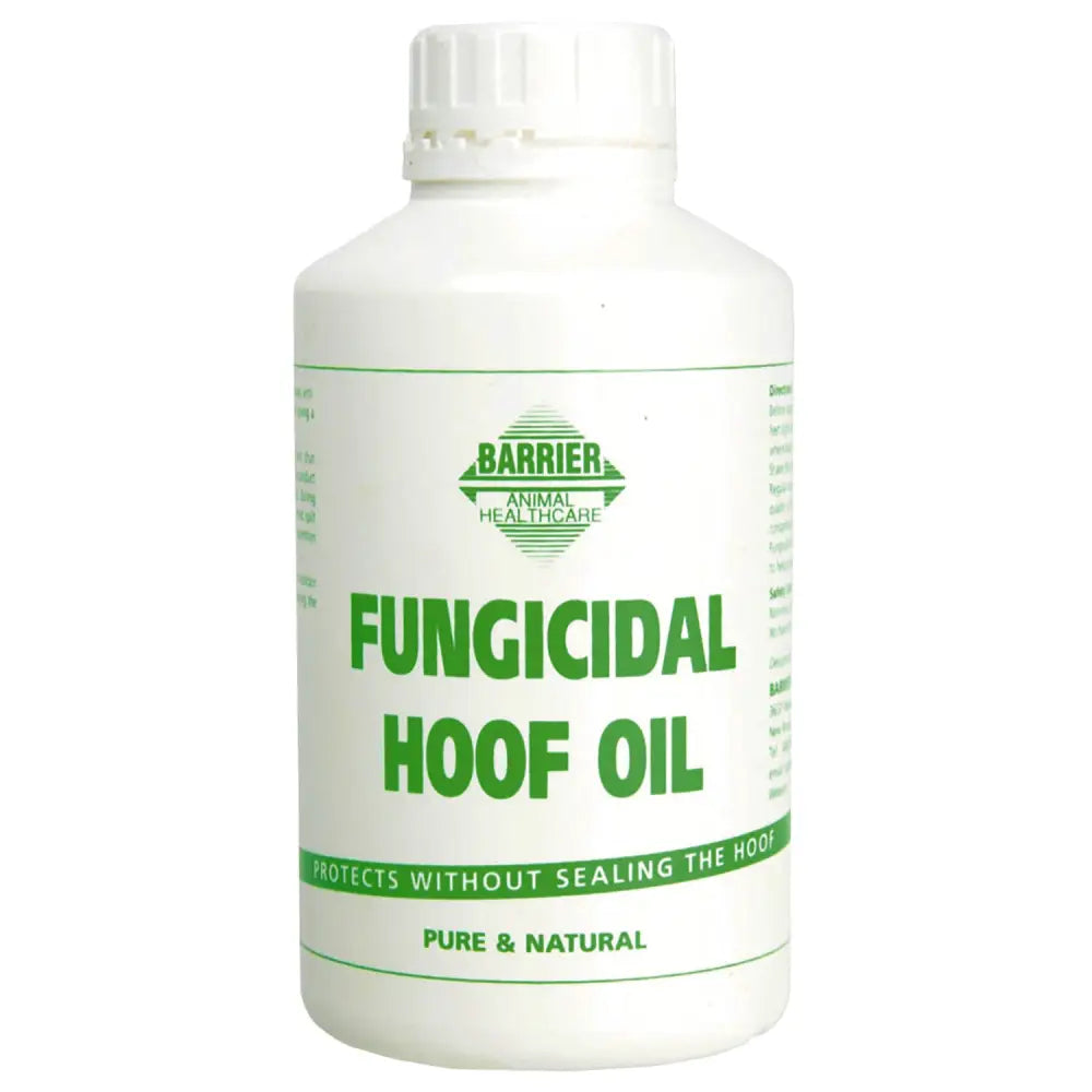 White plastic bottle of barrier fungicidal hoof oil with green text and pure and natural claim for anti-fungal use