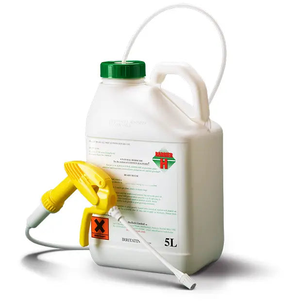 White plastic 5l britah spray tank with green cap and yellow nozzle for barrier h ragwort killer and equestrian use