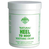 White plastic container of barrier heel to hoof soothing cream with green text to protect vulnerable areas