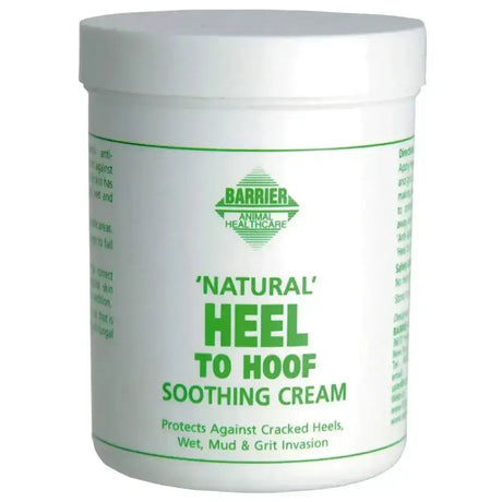 White plastic container of barrier heel to hoof soothing cream with green text to protect vulnerable areas