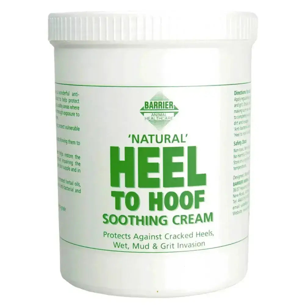 White plastic container with green labeling for barrier animal healthcare natural hoof soothing cream to protect vulnerable areas