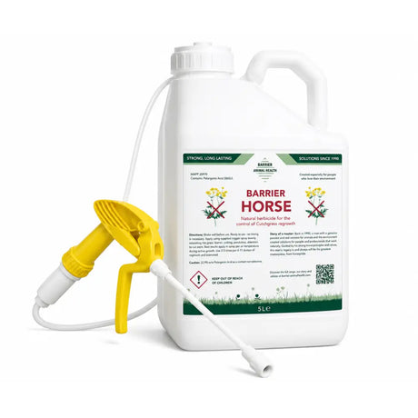 White plastic 5l spray bottle with yellow trigger labeled barrier horse natural herbicide to control ragwort and couchgrass