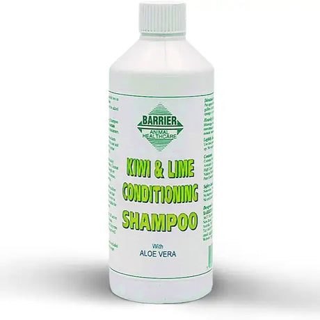 White plastic bottle of barrier kiwi & lime conditioning shampoo with aloe vera green label lime conditioning shampoo
