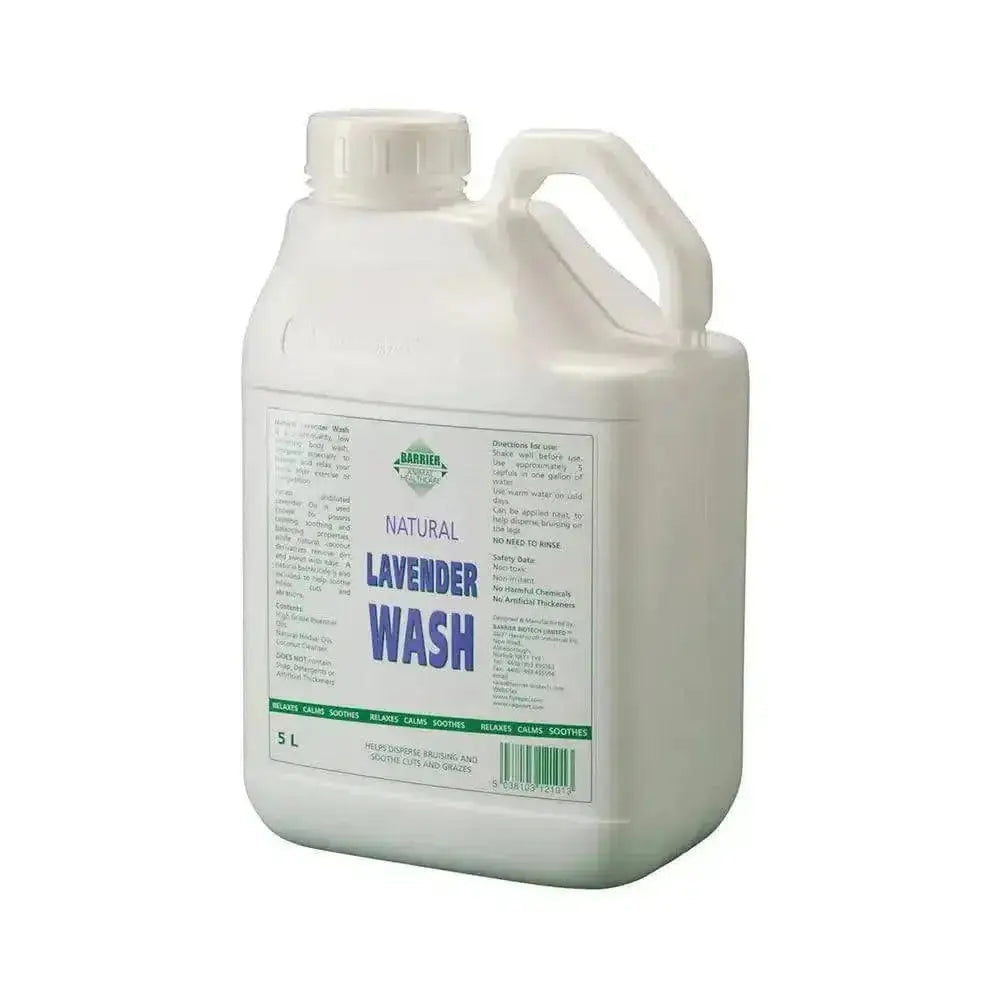 White plastic jug with handle and cap labeled barrier lavender wash natural lavender wash with high grade lavender no-rinse formula body
