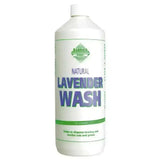 White plastic bottle of barrier lavender wash with green and blue labeling featuring high grade lavender no-rinse formula body cleanser
