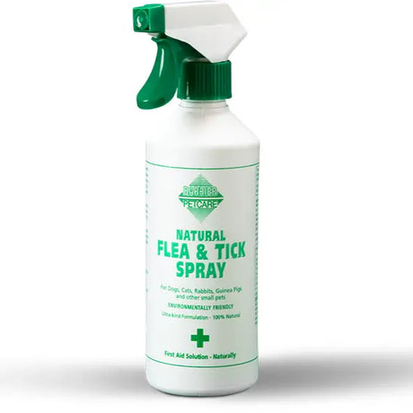 White plastic spray bottle with green trigger labeled natural flea and tick spray by barrier petcare natural insect repellent
