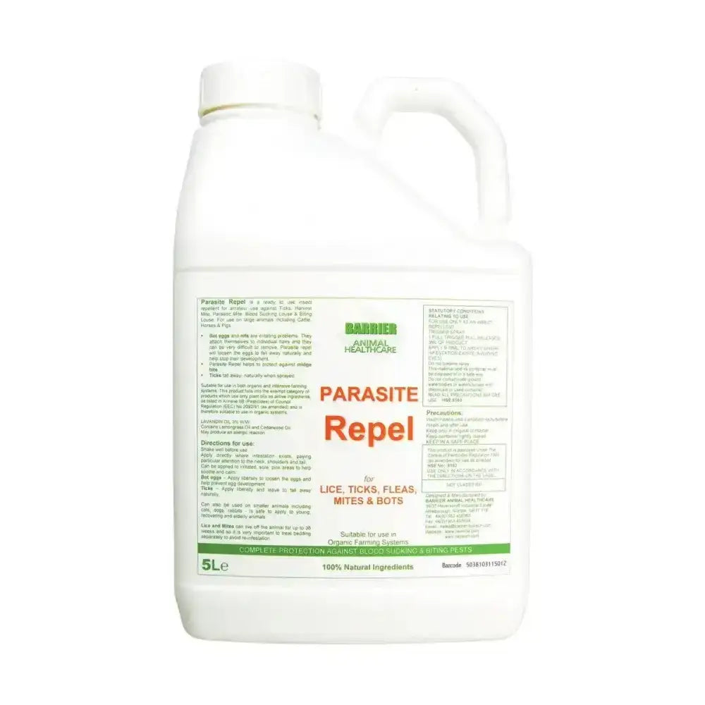 White plastic jug with handle labeled barrier parasite repel for lice sprays and pet supplies targeting ticks fleas mites and bots
