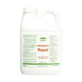 White plastic jug with handle labeled barrier parasite repel for lice sprays and pet supplies targeting ticks fleas mites and bots
