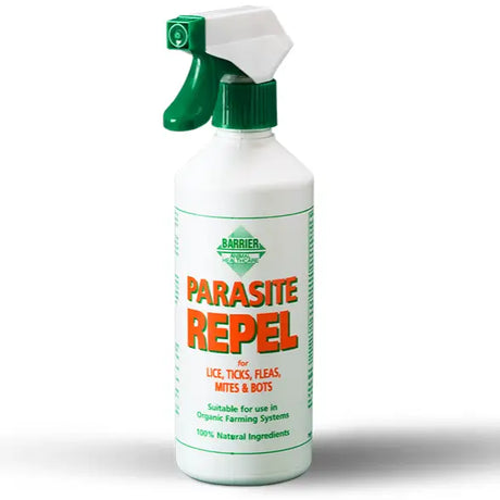White plastic spray bottle with green trigger labeled barrier parasite repel for lice sprays and pet supplies