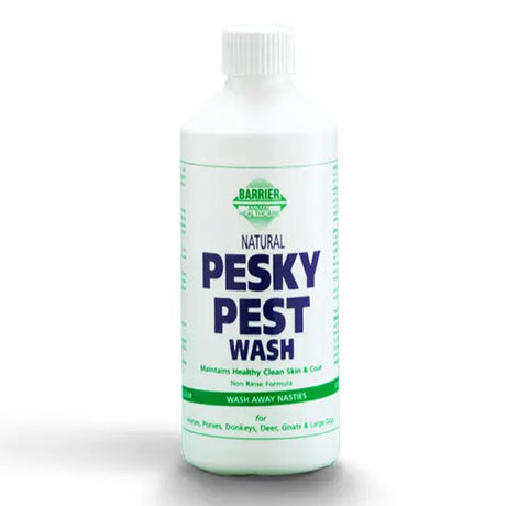 White plastic bottle of barrier pesky pest wash with green and blue label for no-rinse insect repellent washes