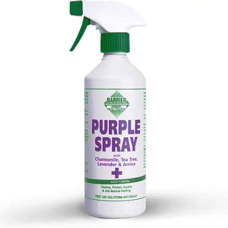 White plastic spray bottle with green cap and trigger labeled barrier purple spray for superficial wounds in animal husbandry