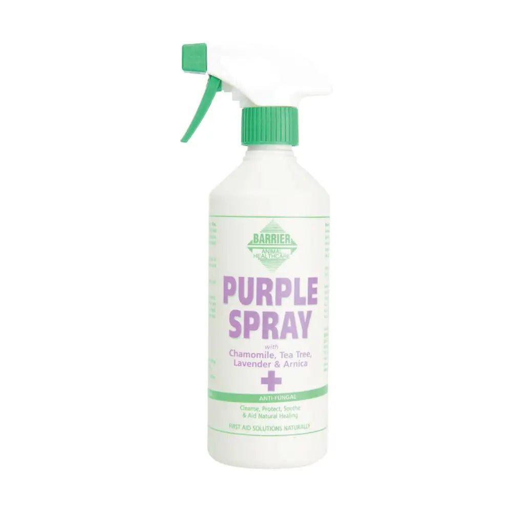 White plastic barrier purple spray bottle with green trigger for superficial wounds in animal husbandry