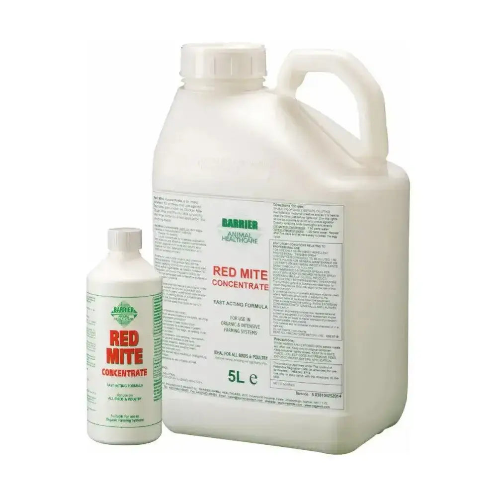 White plastic jugs of barrier red mite concentrate in 5l and smaller bottles for organic farming systems use