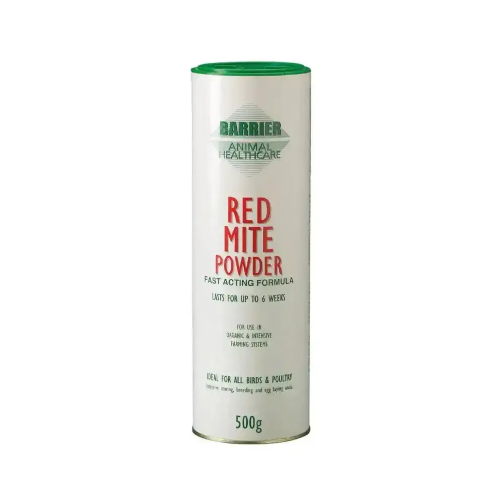White cylindrical container with green lid labeled barrier red mite powder 500g for organic farming systems