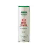White cylindrical container with green lid labeled barrier red mite powder 500g for organic farming systems