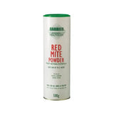 White cylindrical container of barrier red mite powder with green lid for organic farming systems 500g