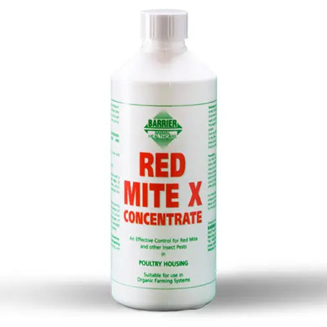 White plastic bottle of barrier red mite x concentrate insecticide for poultry housing targeting red mite control