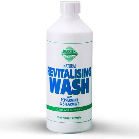 White plastic bottle of barrier revitalising wash with added spearmint and peppermint for horse grooming use