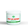 White plastic container of barrier scaly leg ointment with green and red label for treating scaly leg mite in birds