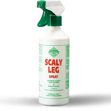 White plastic barrier scaly leg spray bottle with green trigger for treating scaly leg mite on birds and poultry