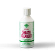 White plastic bottle with white cap labeled natural sheath cleanser barrier sheath cleanser with mild vegetable surfactants