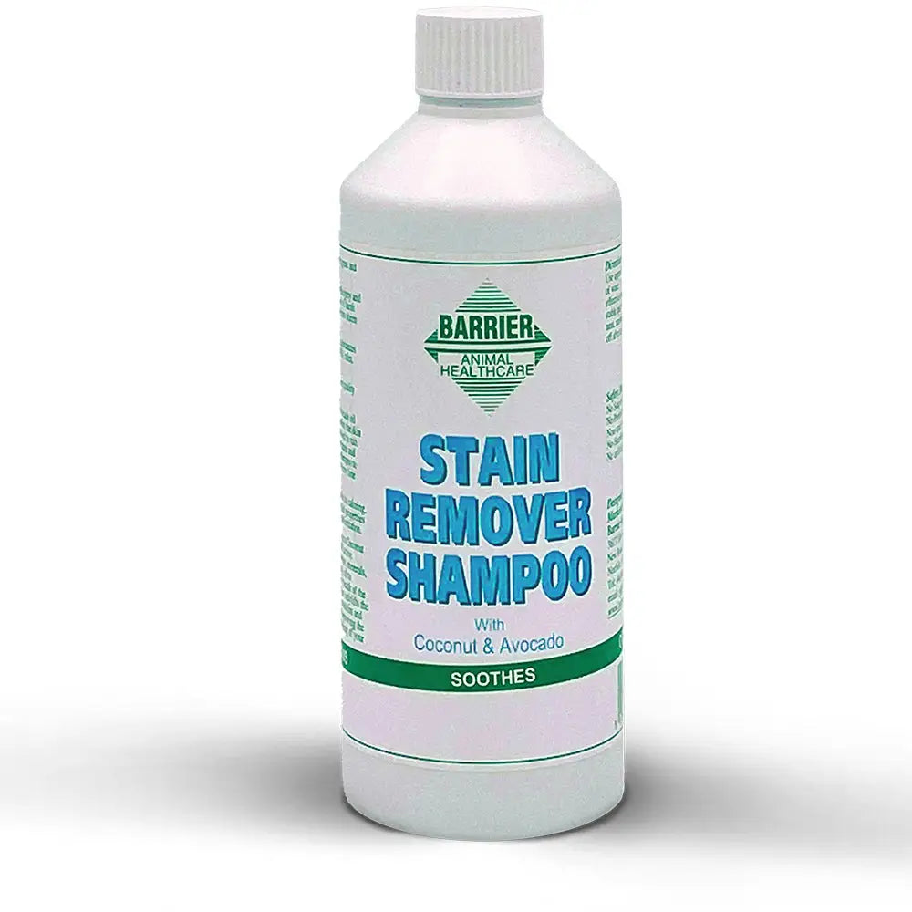 White plastic bottle of barrier stain remover shampoo with blue and green labeling for lustrous sheen provided