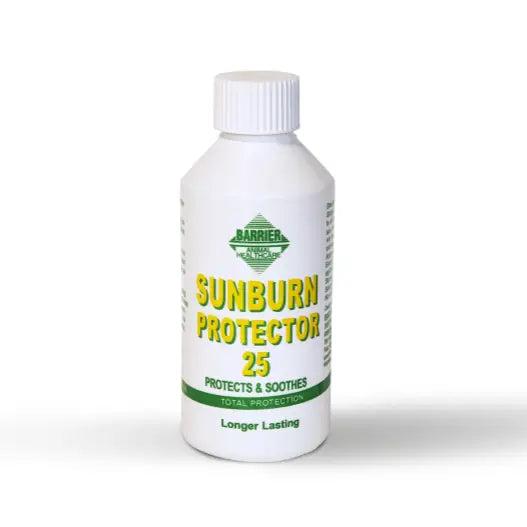 White plastic bottle of barrier sunburn protector 25 with green and yellow labeling for rapid penetration sunburn soother