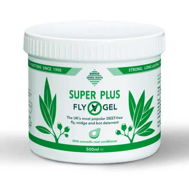 White plastic jar with green lid and label of barrier super plus fly repel gel 500ml for effective fly control