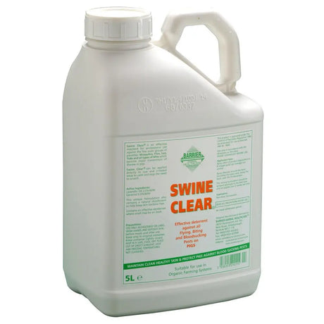 White plastic jug with handle and lid labeled barrier swine clear by barrier animal health ltd effective deterrent for bloodsucking pests
