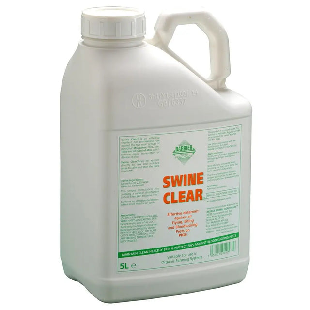 White plastic jug with handle and lid labeled barrier swine clear by barrier animal health ltd effective deterrent for bloodsucking pests