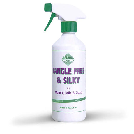 White plastic barrier tangle free spray bottle with green trigger for deep conditioning mane and tail coats
