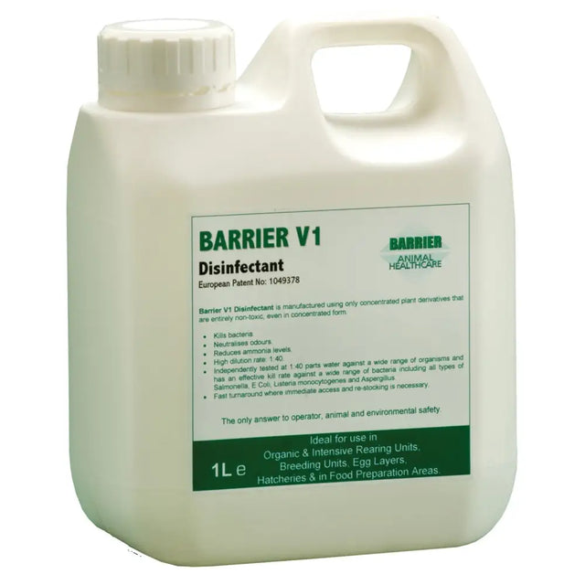 White plastic jug with handle and cap labeled barrier v1 disinfectant for horse care with concentrated plant derivatives
