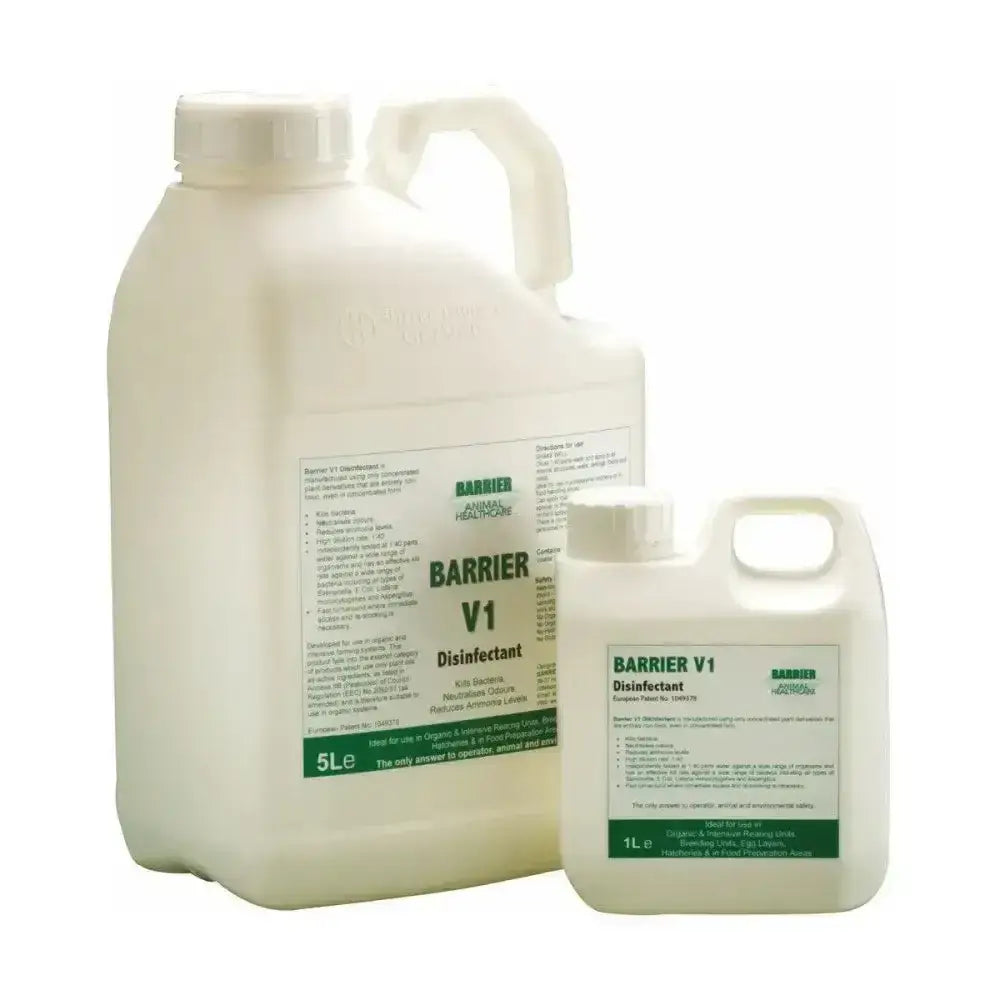 Two white plastic jugs of barrier v1 disinfectant with green labels featuring concentrated plant derivatives for horse care