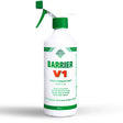 White plastic barrier v1 spray disinfectant bottle with green trigger cap for horse care and pleasant smelling spray