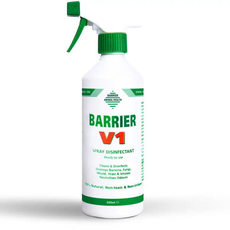 White plastic barrier v1 spray disinfectant bottle with green trigger cap for horse care and pleasant smelling spray