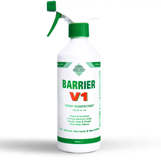 White plastic barrier v1 spray disinfectant bottle with green trigger cap for horse care and pleasant smelling spray