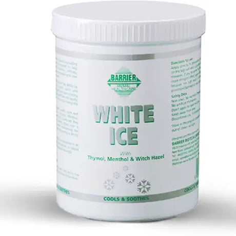White plastic container of barrier white ice with alcohol free formula and green snowflake design to relieve soreness